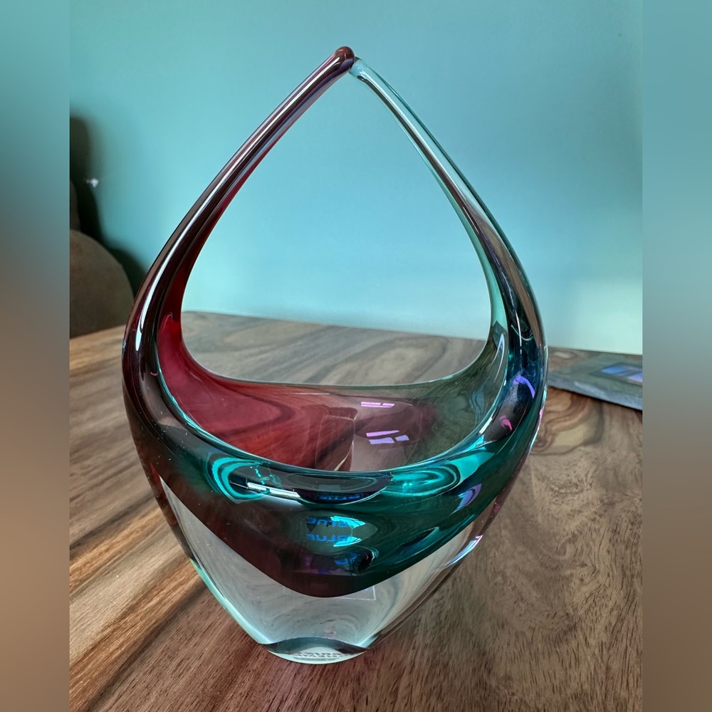 Czech Handmade Artcristal Bohemia handmade in Republic. Glass basket pink green